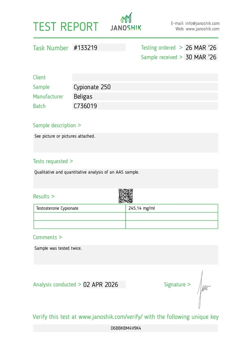 Beligas Pharma Cypo Test 250 lab report image